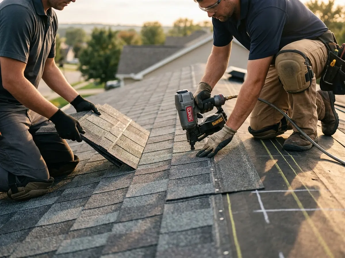 Professional roofer working on a residential roof in Pigeon Forge